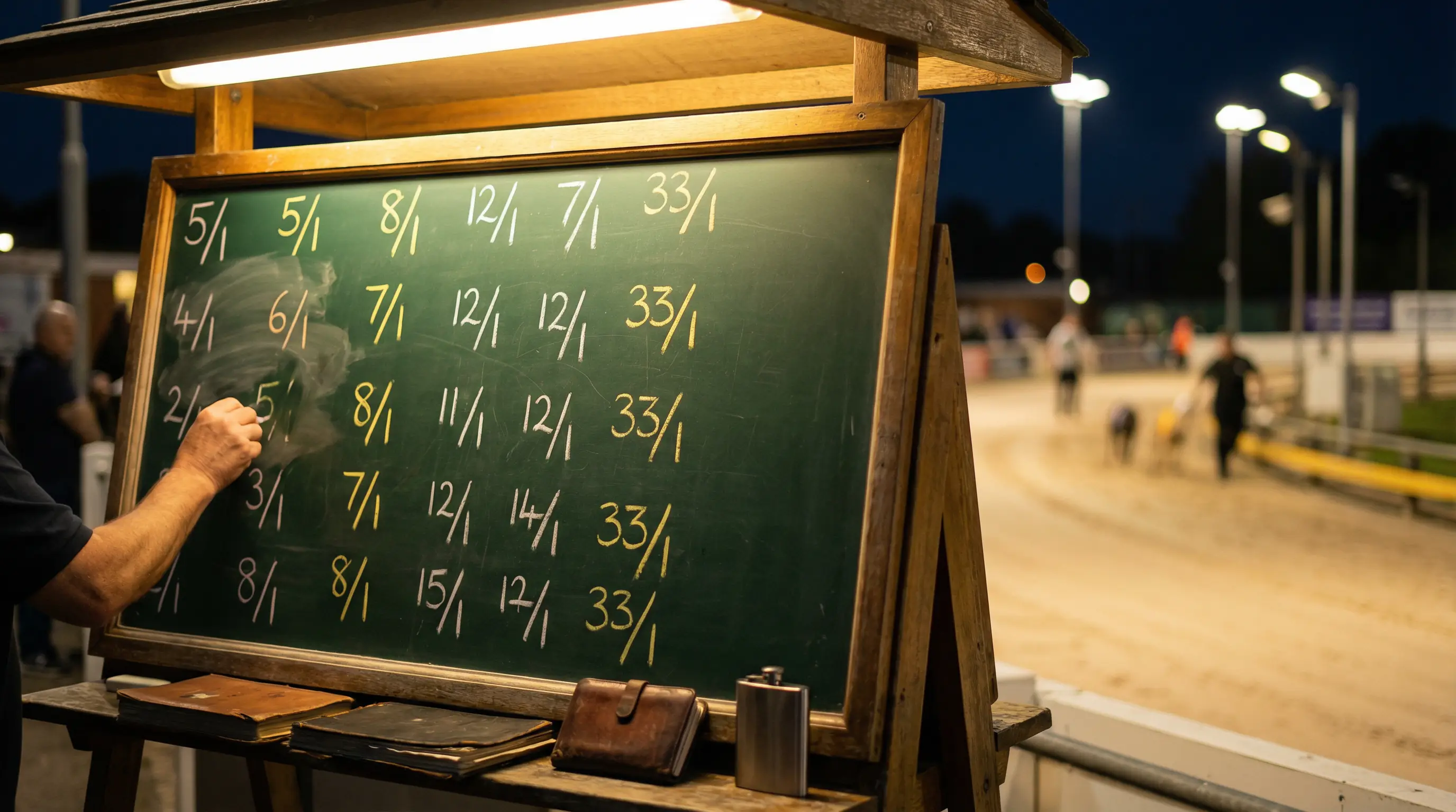 Greyhound racing betting odds displayed on a bookmaker board